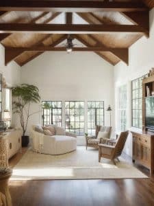 modern farmhouse with timber ceiling and exposed beams in living room