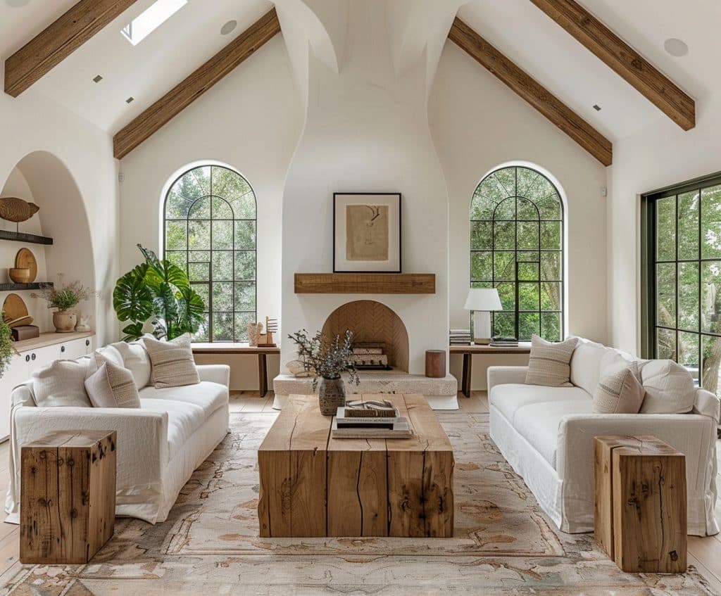 modern farmhouse with exposed beams in living room